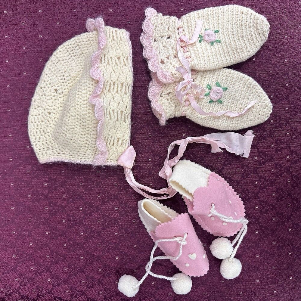 Vintage Handmade Baby Bonnet Mittens Booties 5-Piece Pink Cream Crochet Set